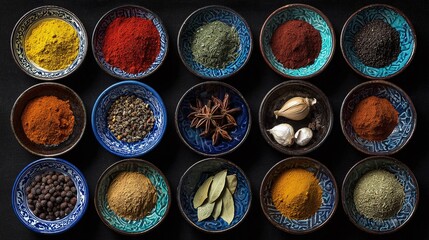 Assortment of herbs, spices, and flavorings in decorative bowls. Aromatic ingredients are shown. Vivid colors and textures create a culinary palette.