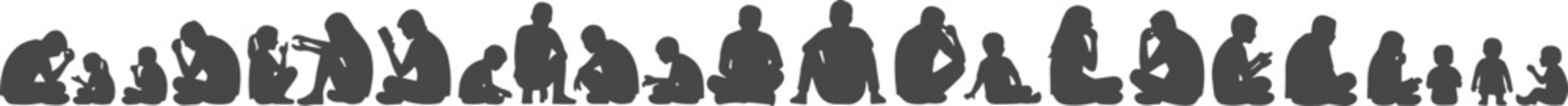 Children sitting silhouette vector illustration showing kids in various playful poses, childhood activity figures collection isolated on white background