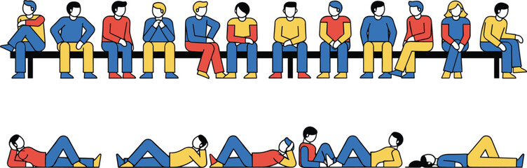 Colorful flat illustration of people sitting and lying on bench showing relaxed poses, modern characters, social waiting concept