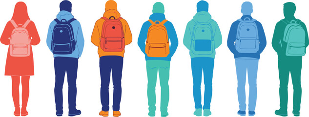 Colorful flat vector illustration of people with backpacks standing in row, modern student and traveler characters viewed from back