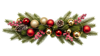 Christmas tree top border with red and gold ornaments, pine garland festive decoration isolated on white background