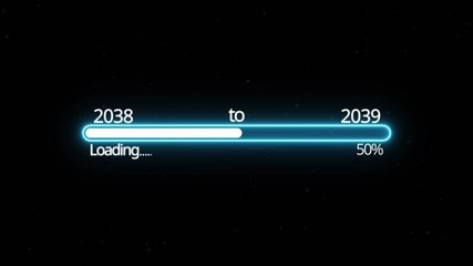 Abstract New year 2039 loading bar animation, Loading bar from 2038 to 2039 new year transfer animation. Almost reaching New Year on black background. Welcoming the happy new year 2039. alpha channel