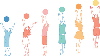 Colorful line art children jumping and reaching balls, joyful active kids illustration, playful movement and healthy lifestyle concept vector design