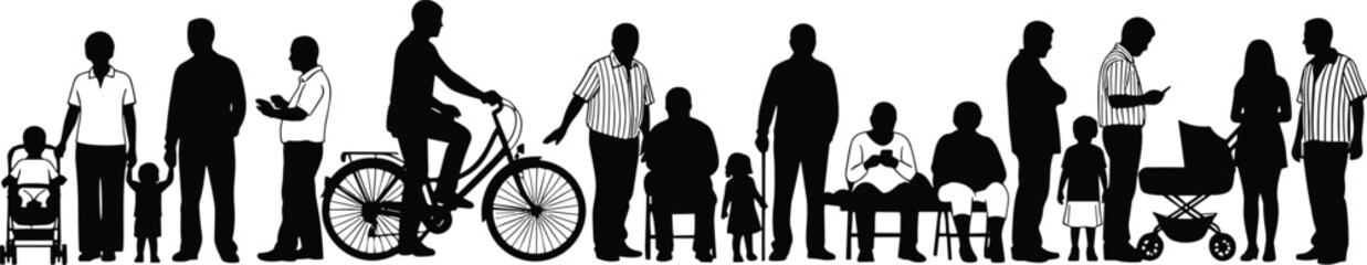 People and families silhouette in urban daily life, community scene with cycling parents children and stroller, modern city lifestyle illustration