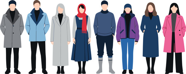 Flat people characters illustration set showing men and women wearing winter coats casual outfits and modern clothing standing together isolated