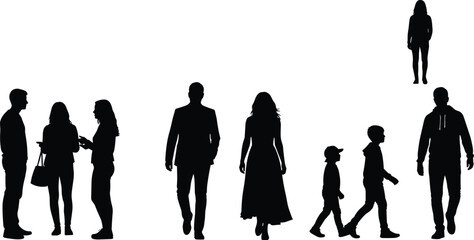People silhouette illustration showing men women and children walking talking and standing together in urban lifestyle scene isolated on white background