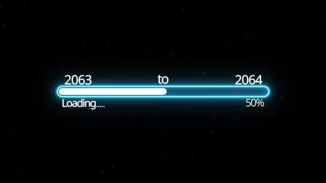 Abstract New year 2064 loading bar animation, Loading bar from 2063 to 2064 new year transfer animation. Almost reaching New Year on black background. Welcoming the happy new year 2064. alpha channel