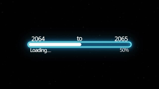 Abstract New year 2065 loading bar animation, Loading bar from 2064 to 2065 new year transfer animation. Almost reaching New Year on black background. Welcoming the happy new year 2065. alpha channel