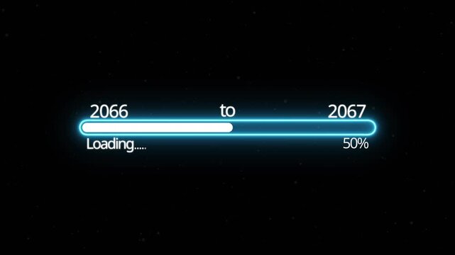 Abstract New year 2067 loading bar animation, Loading bar from 2066 to 2067 new year transfer animation. Almost reaching New Year on black background. Welcoming the happy new year 2067. alpha channel