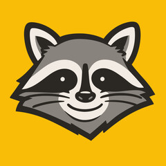 Cute cartoon raccoon head illustration with a friendly smile on a vibrant yellow background. Flat design vector art of a happy wild animal face.