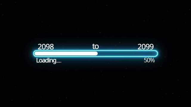 Abstract New year 2099 loading bar animation, Loading bar from 2098 to 2099 new year transfer animation. Almost reaching New Year on black background. Welcoming the happy new year 2027. alpha channel