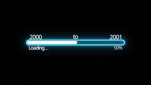 Abstract New year 2001 loading bar animation, Loading bar from 2000 to 2001 new year transfer animation. Almost reaching New Year on black background. Welcoming the happy new year 2001. alpha channel