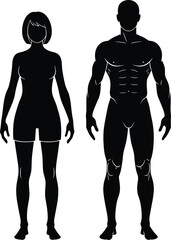 Black Silhouettes of Male Human Figures in Frontal Standing Pose for Anatomy Comparison, Design Reference, and Educational Illustration Use
