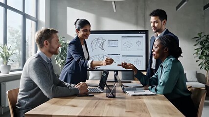 Diverse team of architects and engineers collaborating around a large monitor displaying building blueprints during a design review meeting in a modern office - Powered by Adobe