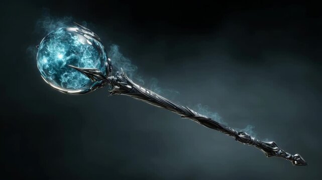 Dark metallic fantasy staff with glowing blue energy orb, digital art style, on smoky black background. Concept of magic or sorcery weapon