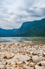 Bohinj lake on a cloudy day in Slovenia