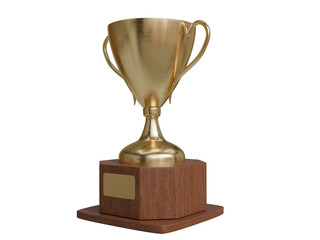 Gold Trophy Cup Award with Wooden Base Isolated on Transparent Background, Side View