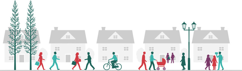 Flat vector illustration of suburban neighborhood street with people walking cycling and families outdoors, modern community lifestyle scene isolated on white background © Ideasy Mind
