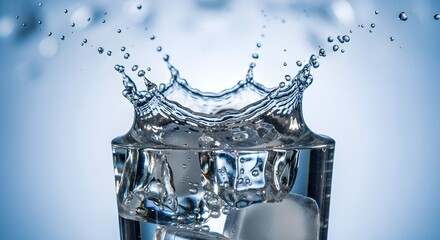 A high-speed capture of a water splash in a glass with ice, forming a crown-like burst against a soft blue gradient background.