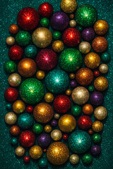 Fototapeta premium `Festive Christmas Ornaments in Green and Gold, Holiday Background for Seasonal Design`