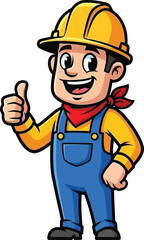 Cartoon construction worker giving a thumbs up wearing a yellow hard hat and overalls