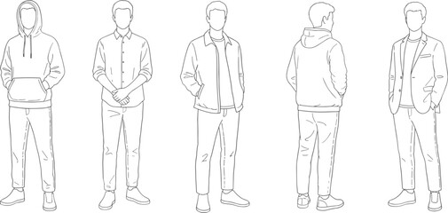 Male fashion poses line art characters wearing casual and smart outfits, minimal outline vector illustration set for modern apparel design