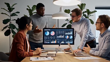 Diverse team of professionals collaborating around a monitor displaying data analytics charts demonstrating strategic planning and modern workplace teamwork in an office setting - Powered by Adobe