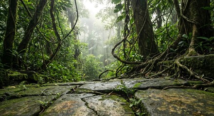 A stone pathway winds through a lush misty rainforest surrounded by dense foliage and trees