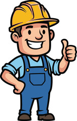 Cartoon construction worker giving a thumbs up wearing a yellow helmet and blue overalls