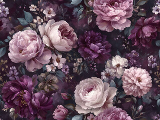 Watercolor dark floral pattern of peonies and roses in pink, blush, purple, white, and black on dark background, vintage-inspired, hyper-realistic digital art