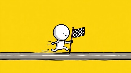 Chibi Runner Crosses Finish Line Holding Flag in Victory Moment on a Bright Backdrop at an Imaginary Race With Minimal Design Elements