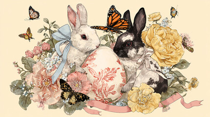 Vintage-style illustration of cute rabbits painting Easter egg with ribbons, bows, butterflies, and detailed floral decorations, playful and delicate festive spring design