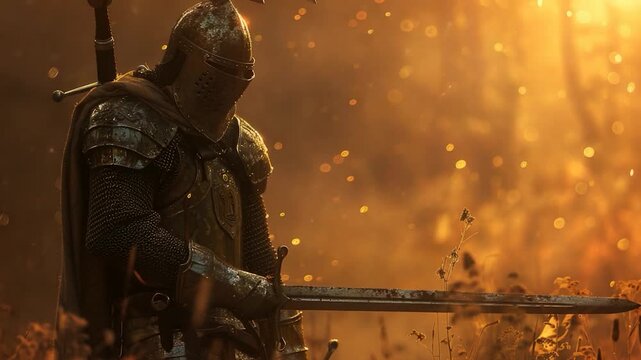 Video A medieval warrior stands in an open field, holding a sword and wearing armor
