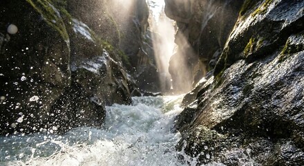 A stunning view of a powerful waterfall cascading down a narrow rocky canyon illuminated by sunlight