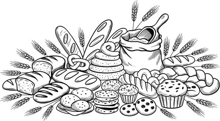 Hand-Drawn Bakery Bread and Pastry Collection Vintage Line Art Illustration.