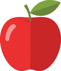 A vibrant red apple with a single green leaf depicted in a flat illustrative style