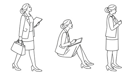 Minimalist Businesswoman Vector Line Art Illustration Set of Professional Female Office Poses in Clean Outline Style for Corporate and Editorial Design