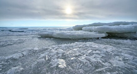 Frozen seascape with large ice floes and a bright sun peeking through cloudy skies