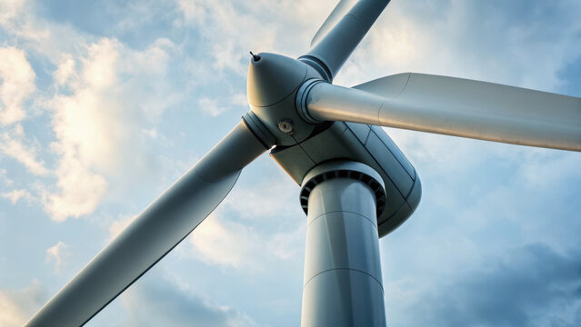 Renewable energy artistic representation. modern wind turbine with dynamic motion blur against cloudy sky, showcasing renewable energy