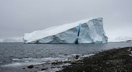 A majestic iceberg floats in the frigid antarctic waters displaying beautiful blue hues and textures