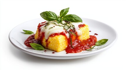 Delicious Italian ricotta cheese dumplings known as gnocchi served with fresh tomato sauce and melted cheese garnished with basil leaves on white plate