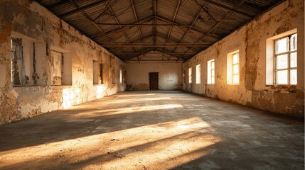 Sunlight streams through the windows of an old warehouse, casting long shadows on the cracked floor, revealing the texture of time and decay. The space invites exploration.