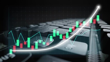 A visual representation of rising stock market trends featuring a digital graph overlaying a keyboard, symbolizing online financial analysis and investment growth. Copula - Powered by Adobe