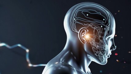 Artificial intelligence Futuristic translucent human head profile showcases glowing neural network connections and digital brain interface technology - Powered by Adobe