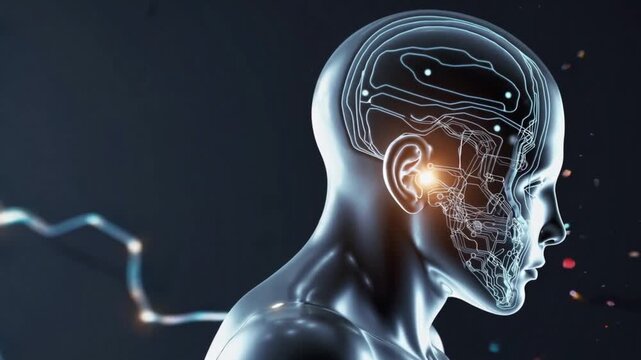 Artificial intelligence Futuristic translucent human head profile showcases glowing neural network connections and digital brain interface technology