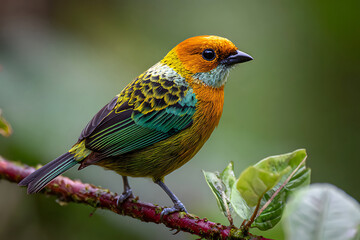 Vibrant Flame-Faced Tanager Showcasing Fiery Orange and Emerald Plumage