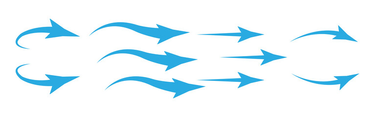 Set of blue arrow icons, air flow arrows isolated on transparent background.