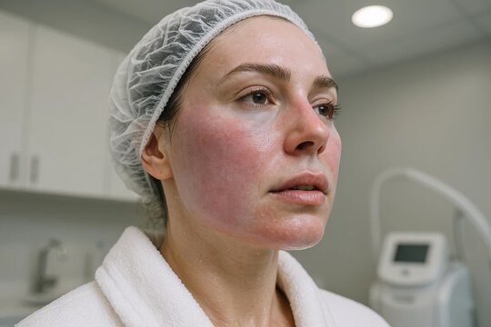 Female patient with flushed face in dermatology clinic wearing robe and disposable cap after cosmetic skin treatment procedure.
