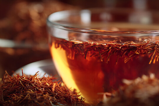 Warm Amber Infusion: Macro View of Rooibos Tea Leaves Steeping in a Glass Cup