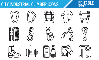 Set of City Industrial Climber Line Icons, Editable Stroke, Safety Gear, Harness, Helmet, Ropes, Carabiner, Worker, Boots, Gloves, Vector Illustration.